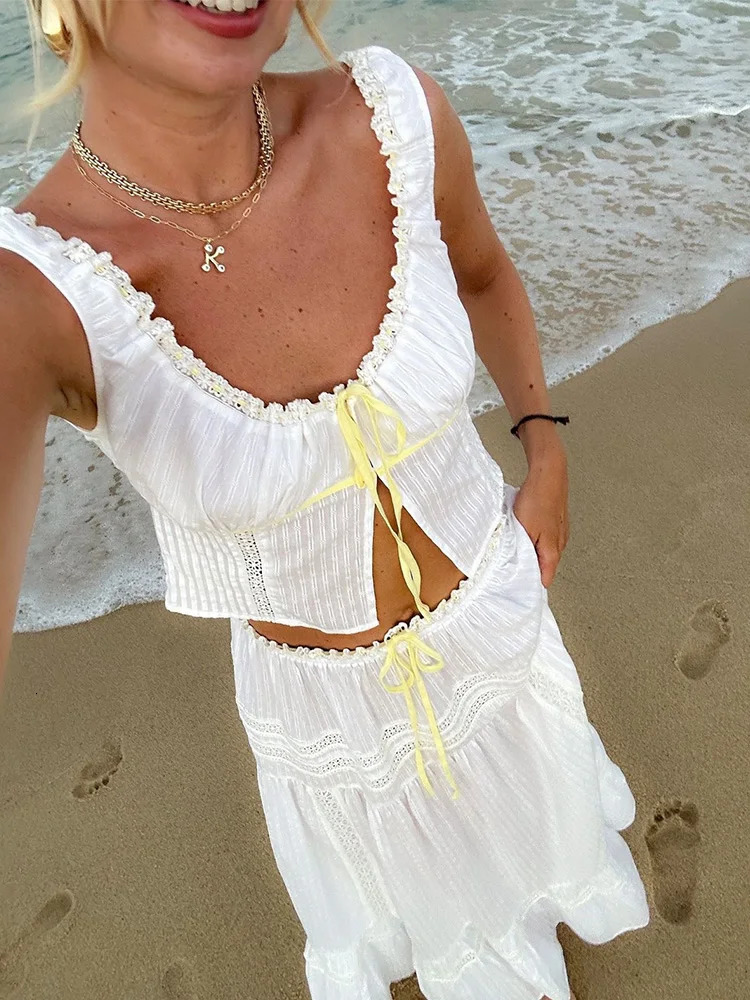 White lace dress set for women summer beach cotton matching set 2-piece long skirt set Vestidos womens 2025 250110