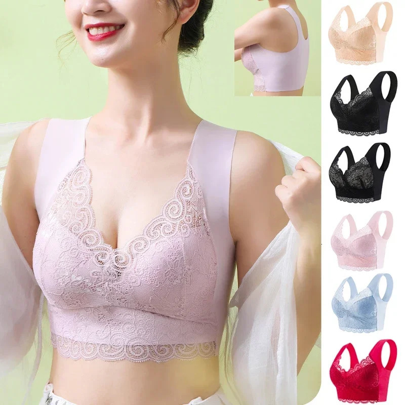 1pcs Ice Silk Seamless Lace Bra Top Support Underwear No Steel Ring Comfortable Large Size Sleep Vest Bralette 250122