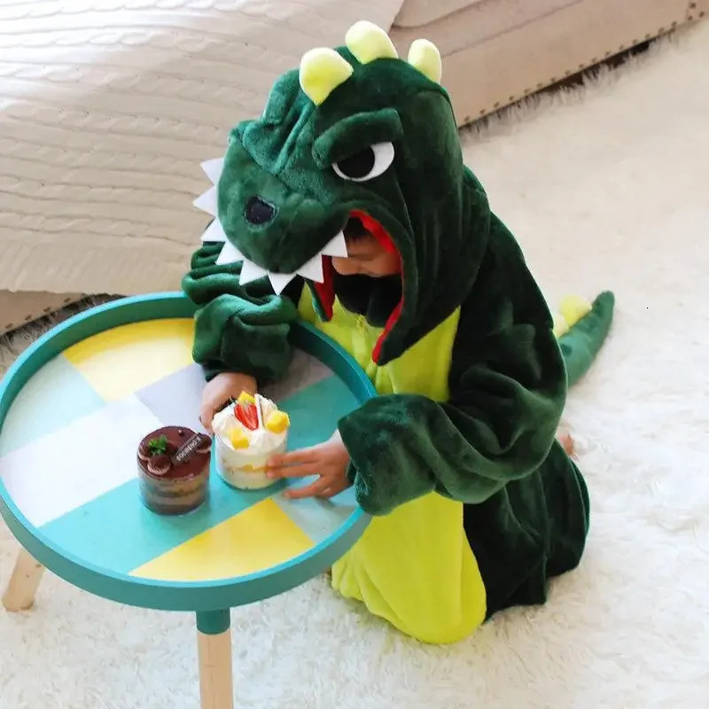 Kids Onesies Boys Girls Green Dinosaur Pajamas Flannel Sleepwear Nightwear Animal Cosplay Costume Halloween Party Funny Outfits 250114