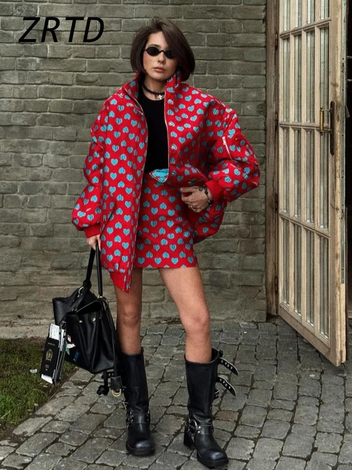 Oversize Heart Printed Jacket Mini Skirt Sets Women Loose Stand Collar Zipper Pockets Jackets Short Skirts 2024 Lady Y2k Outfits 250113