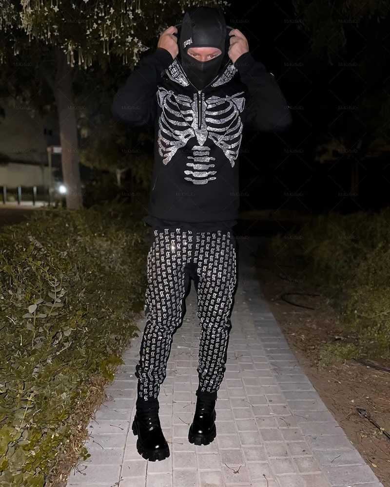 Mens Rhinestone Skeleton Sweatshirt Korean Fashion Punk Sport Coat Pullover skull graphics Goth Long Sleeve Hoodie Y2k jacket W250117