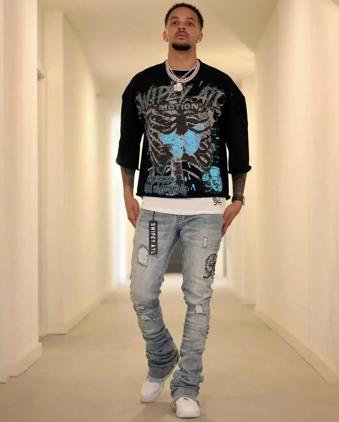 High Street New Y2k Top Blue Summer Cotton Loose Style Couple Round Neck Sports Oversized Printed T-shirt Gothic Top W250117