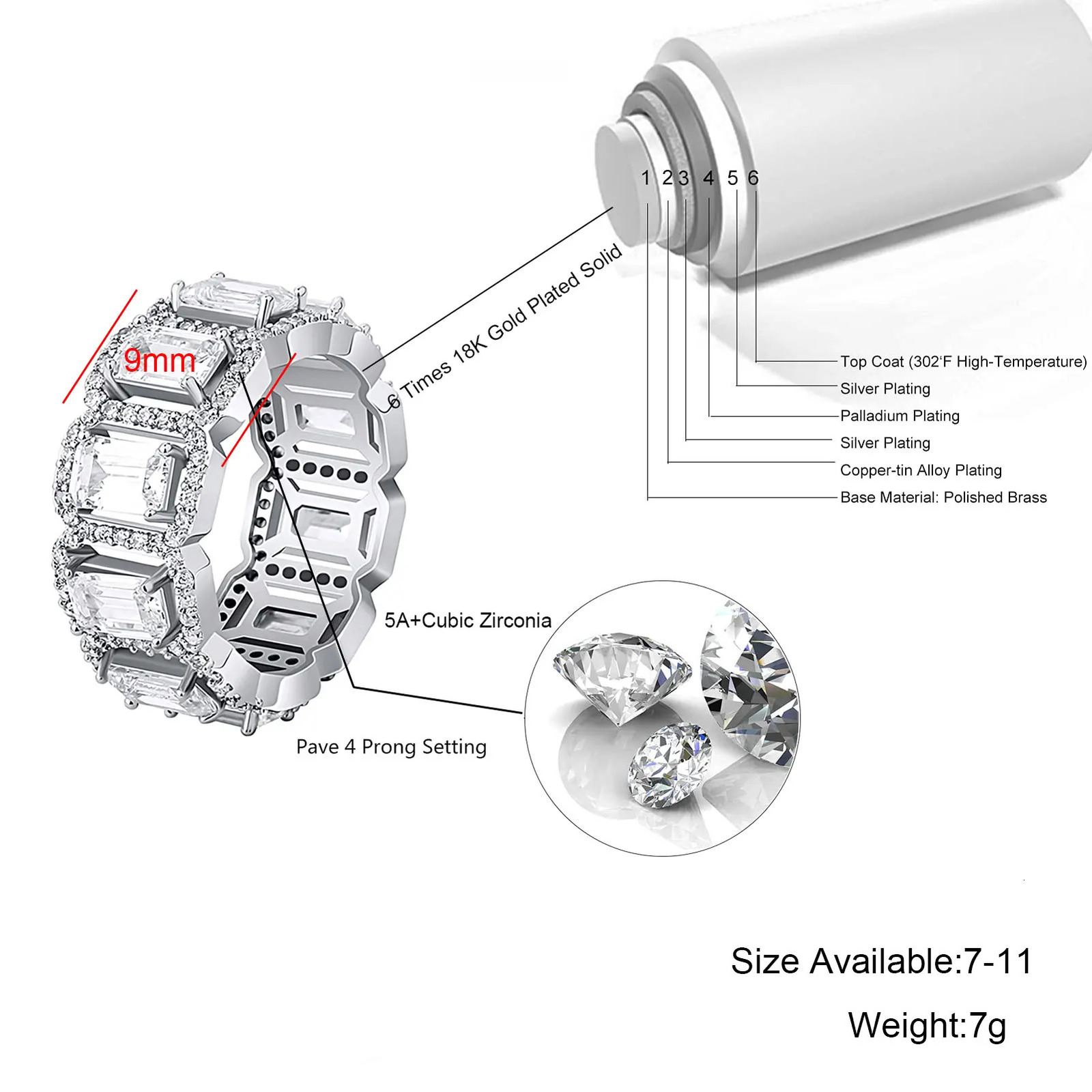 Hip Hop Jewelry Silver Gold Color Cluster Rectangle Cubic Zirconia Love Ring Princess Cut Stackable Tennis Rings for Men Women 250121