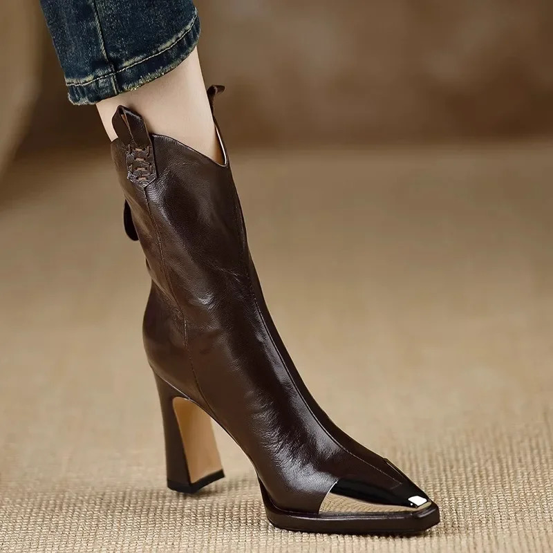 Metal Square Toe Ankle Boots for Women Fashion Patent Leather Womens Shoes Botas Mujer High Heels Zapatos 250117