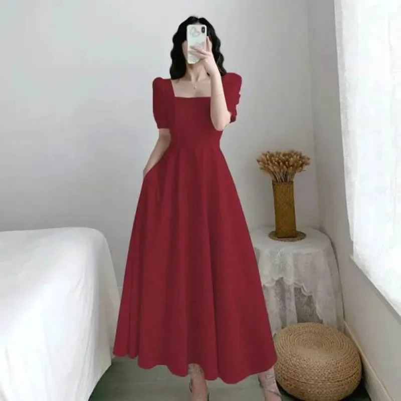 Ultra thin slim fit womens white dress with bubble sleeves square neckline light style long summer casual Korean style 250110