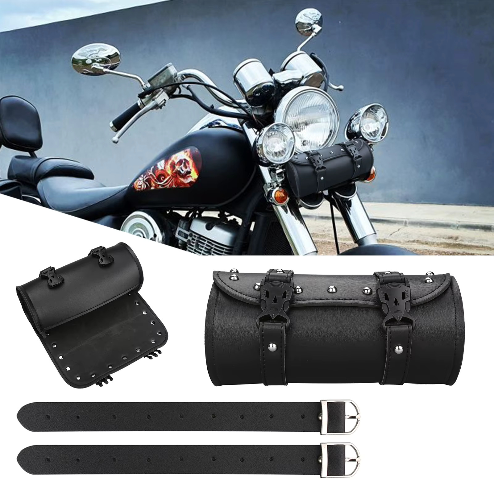 Motorcycle Front Fork Tool Faux Leather Universal Handlebar Roll Bag Waterproof Fit For Harley Sportster Kawasaki Yamaha