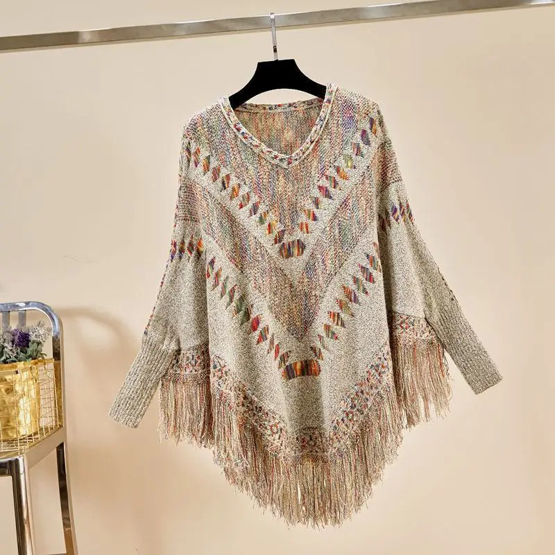 Women Vintage Patchwork Tassel Tricot Pullover Poncho Female Batwing Sleeve Oversize Knit Shawl ponchos and Capes sweaters 250121