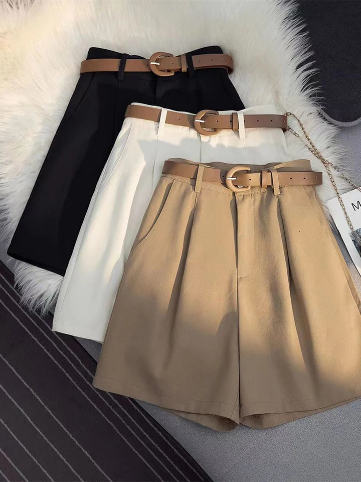 Zoki Pure Cotton Y2K Cargo Shorts Women Harajuku Belt High Waist Shorts Korean Vintage Loose Solid Female Simple Casual Shorts 250118