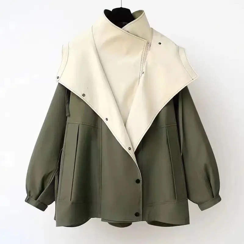 Autumn Chic Womens Windbreaker Contrast TwoPiece Zip Button Wind Coat Belt Hoodie Casual AllMatch Trend Outwear Jacket 250113