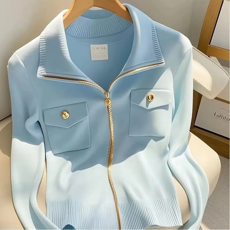 2025 Spring Autumn Polo Collar Zipper Womens Knitting Cardigan Sweater Jacket Personality Elegant Casual Ladies Sweater Coat 250116