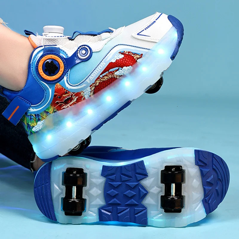Childrens four-wheel luminous sports shoes LED light roller skating shoes boys and girls USB charging childrens training shoes 250110