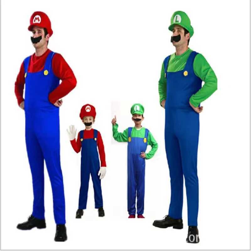 Super Luigi Cosplay Costume Adult Jumpsuit Beard Hat Men and Women Set kid Halloween Costume W250117