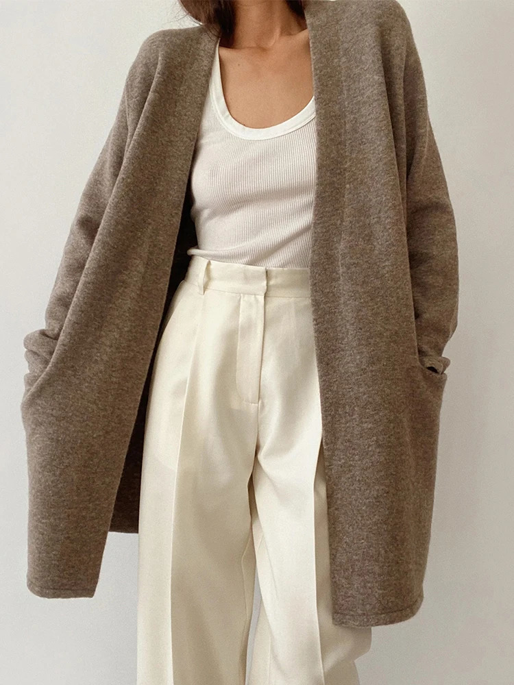 Autumn and Winter Womens Knitted Cardigan Sweater Temperament and Elegant Solid Color Long Sweater with Pocket 250116