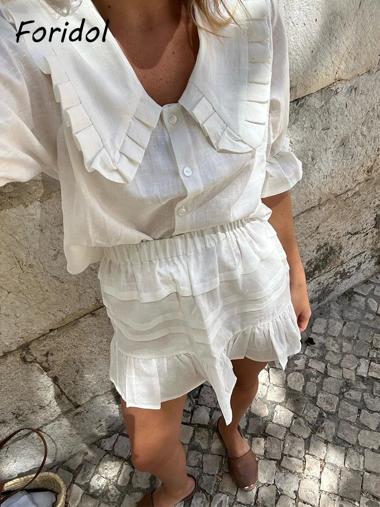 Foridol White Cotton Linen Womens Leather Cover 2-piece Matching Set Lace Decorative Ruffle Dress Set Casual Womens Set 250110