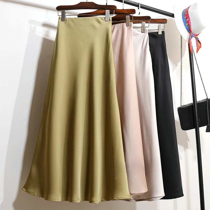 High Waisted A-line Skirt for Women Satin Silk Solid Elegant Skirts Office Lady Elastic Waist Womens Long Skirt Summer 250118