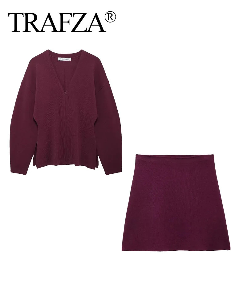 TRAFZA 2024 Autumn Slim Skiing Set Wine Red Solid Vneck Long Sleeve CardiganOne Line Mini Sleeveless Roupas Leisure Street 250122