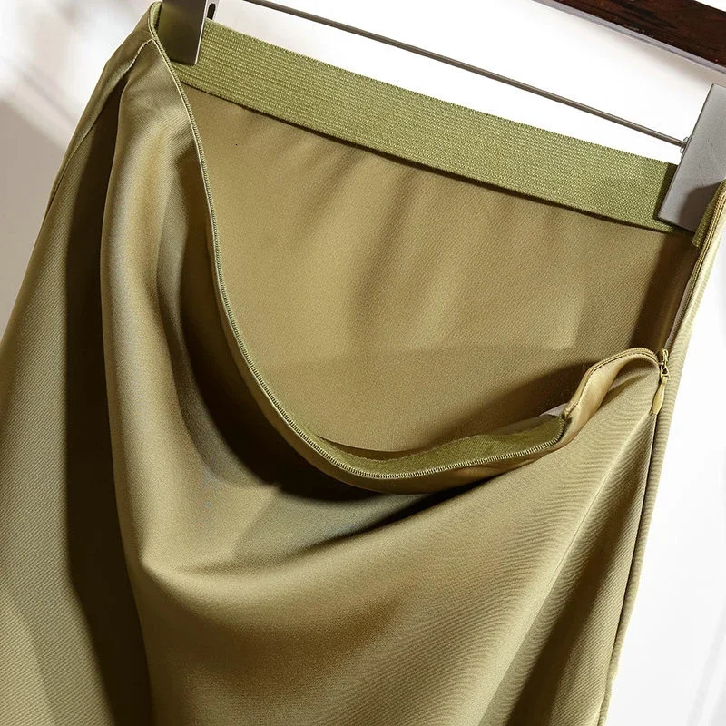 High Waisted A-line Skirt for Women Satin Silk Solid Elegant Skirts Office Lady Elastic Waist Womens Long Skirt Summer 250118