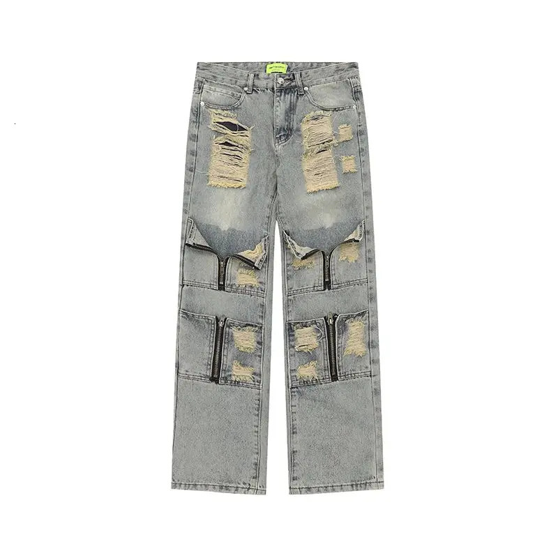 Multi Zipper Pocket Washed and Perforated Jeans for Men and Women Street Personalized Straight Leg Retro Casual Pants y2k 250118
