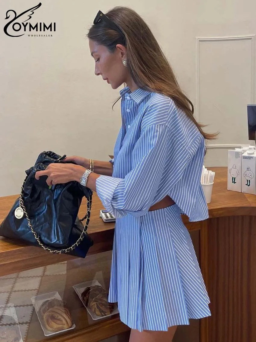 Oymimi Elegant Blue Striped Print Sets For Women 2 Pieces Fashion Long Sleeve Button Crop Tops And High Waist Pleated Skirts Set 250122