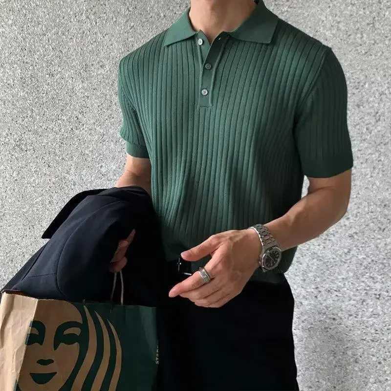 Trendy Casual Summer Polo Shirt For Men Solid Color Knitted Top Short Sleeves Base Layer Top Korean Style W250117