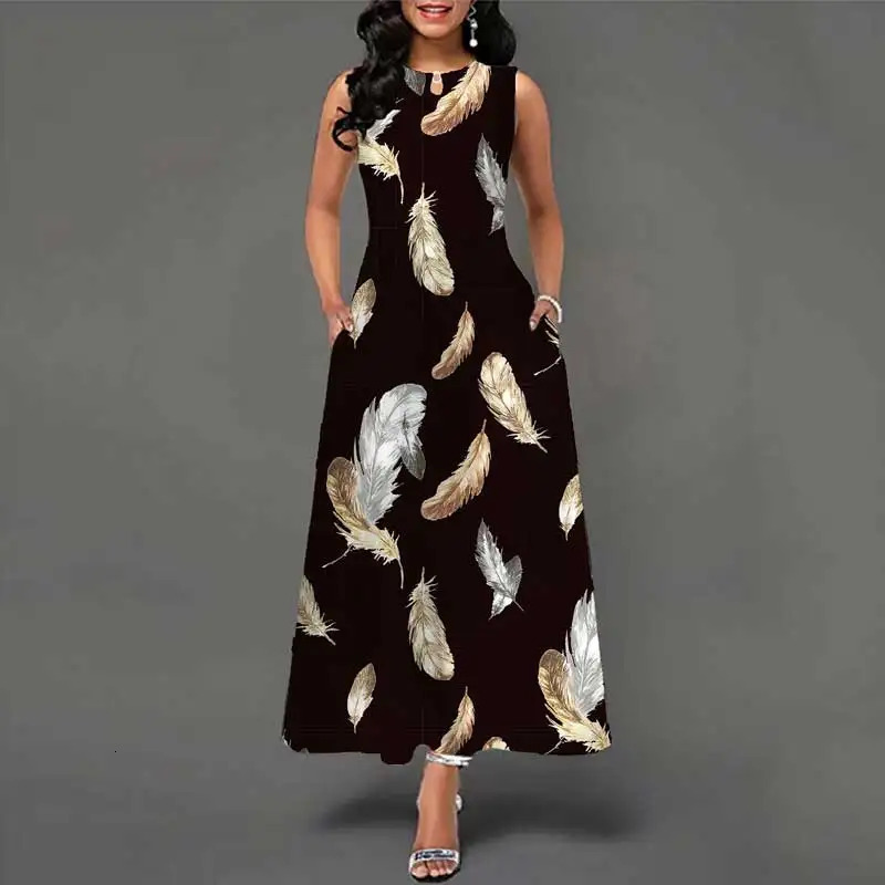 Summer European and American Sleeveless Long Dress Women Flower Print Large Swing Skirt Bohemian Retro Loose Long Skirt 250117