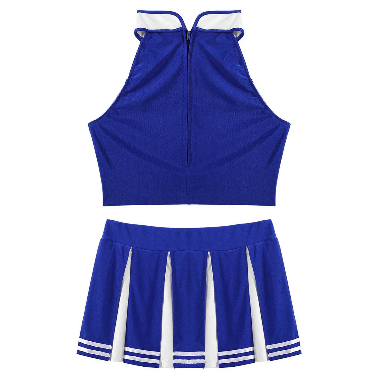2Pcs Women Adults Cheerleading Costume Uniform Stand Collar Sleeveless Crop Top with Mini Pleated Skirt Cheerleader Dance OutfitW250121