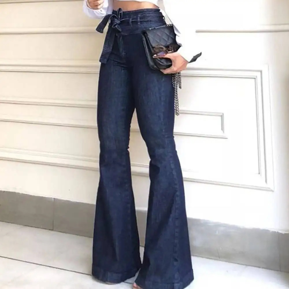 Women High Street Denim Flare Pants Fashion Wide Leg BellBottom Jeans Waist Vintage Drawstring Female Trousers 250122
