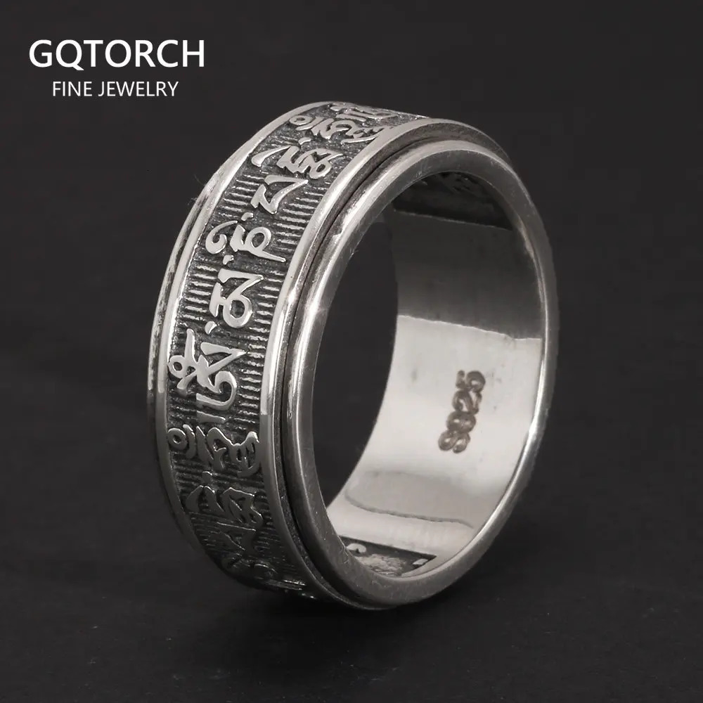 Real 925 Sterling Silver Vintage Rings For Men Rotatable Tibetan Six Words Mantra Rings Om Mani Padme Hum Buddhist Jewelry 250117
