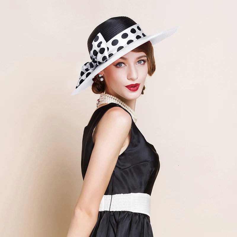 FS Elegant Women Wide Brim Rose Black Patchwork Polka Dots Kentucky Hat For Wedding Party Big Bowknot Fedora Beach Cap 250118