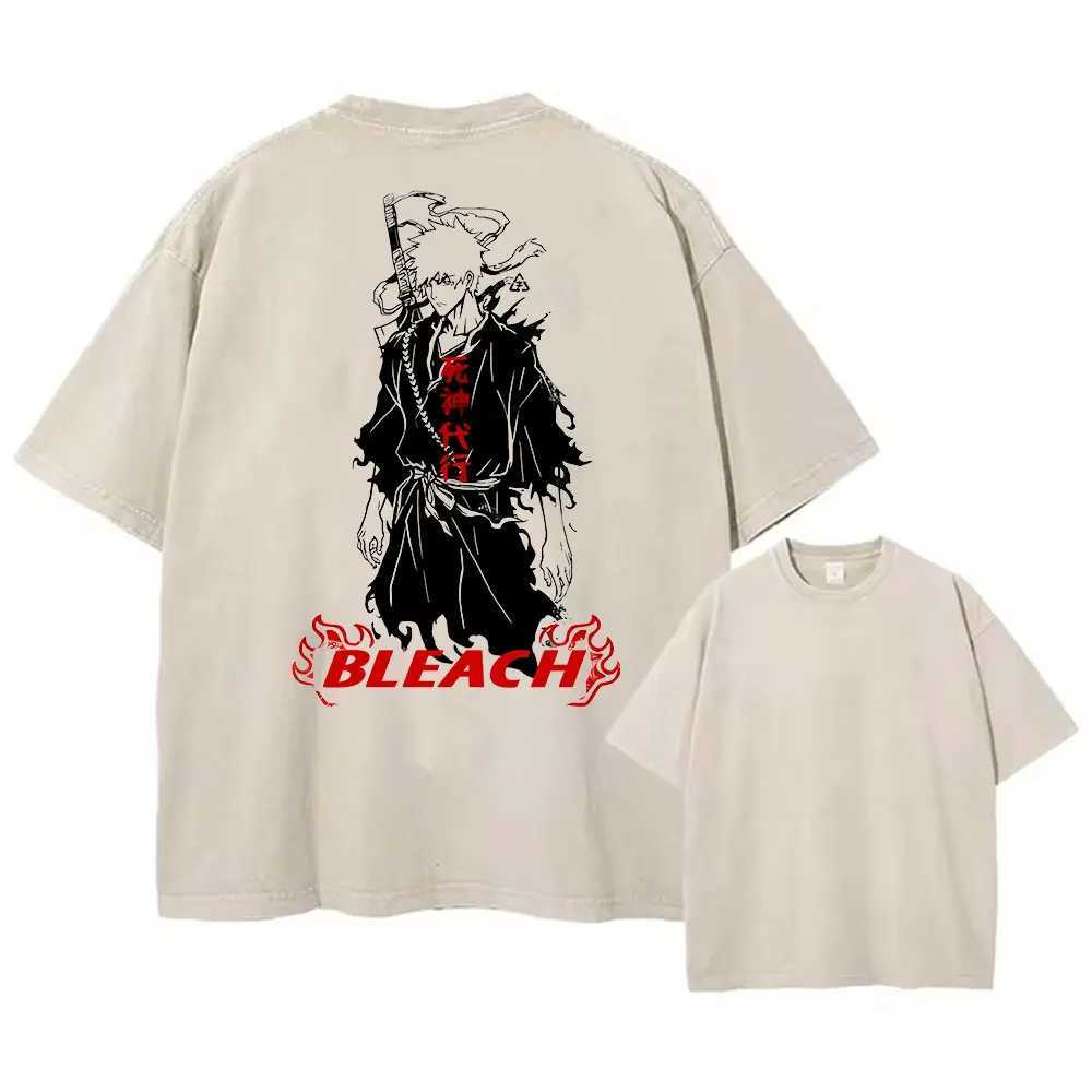 Washed Tshirts Y2K Summer Men Women Anime Bleach Print T-shirt Casual 00%Cotton Punk Gothic Vintage Hip Hop Top Tee W250117