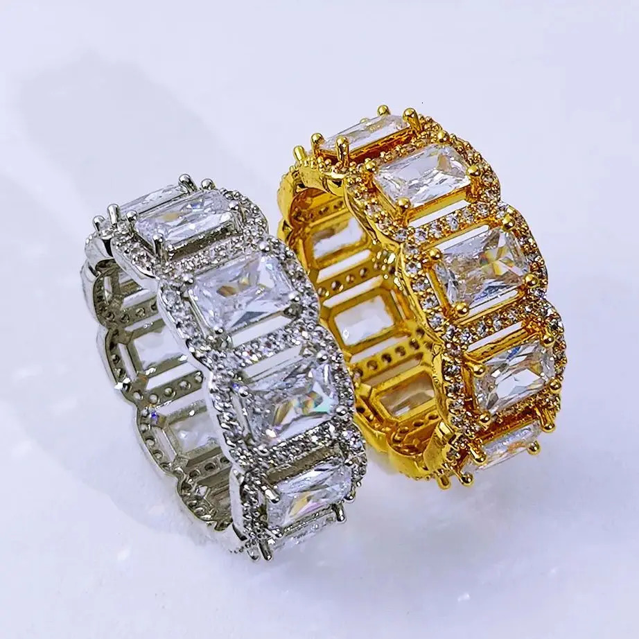 Hip Hop Jewelry Silver Gold Color Cluster Rectangle Cubic Zirconia Love Ring Princess Cut Stackable Tennis Rings for Men Women 250121