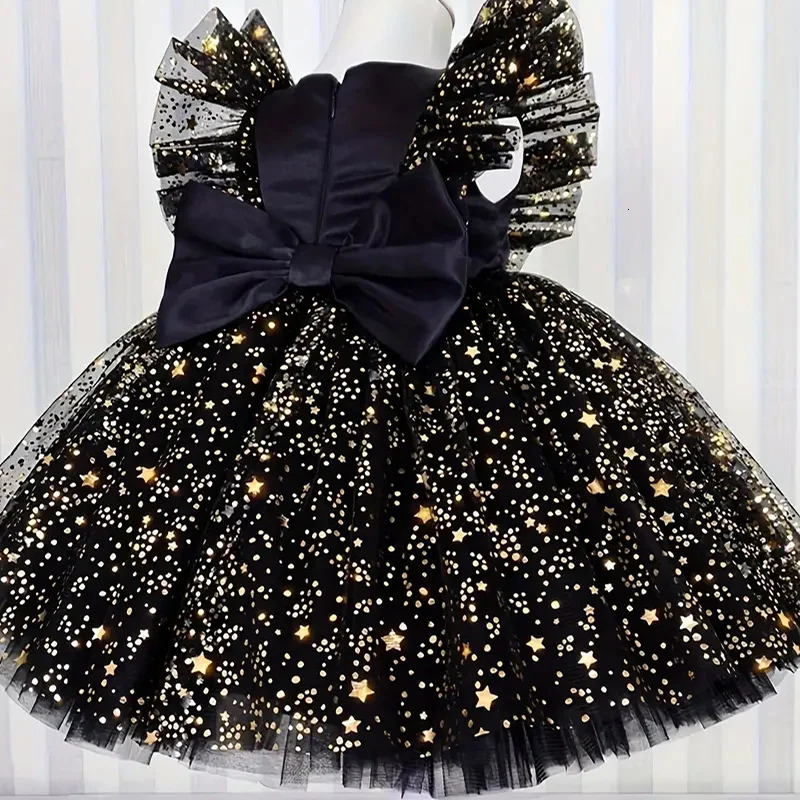 Baby Girls Flying Sleeves Bow Star Sequins Princess Dress For Toddler Formal Banquet Baptism Birthday Party Puffy Ball Gown 0-5Y 250115