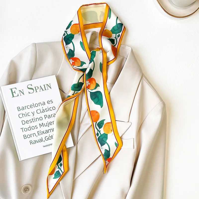 Fashion Silk Neck Scarf Luxury Long Narrow Orange Fruit Hair Tie La Print Soft Headband Shls and Wrs Neckerchief 130*7Cm W250118