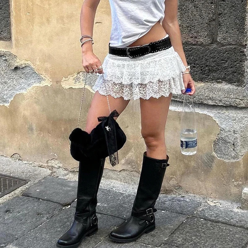 BIIKPIIK Casual Ruffles Lace Skirts Fashion Streetwear Allmatch Women Mini Sweet Bottom Clothing Vintage Outfit Sexy Y2K 250121