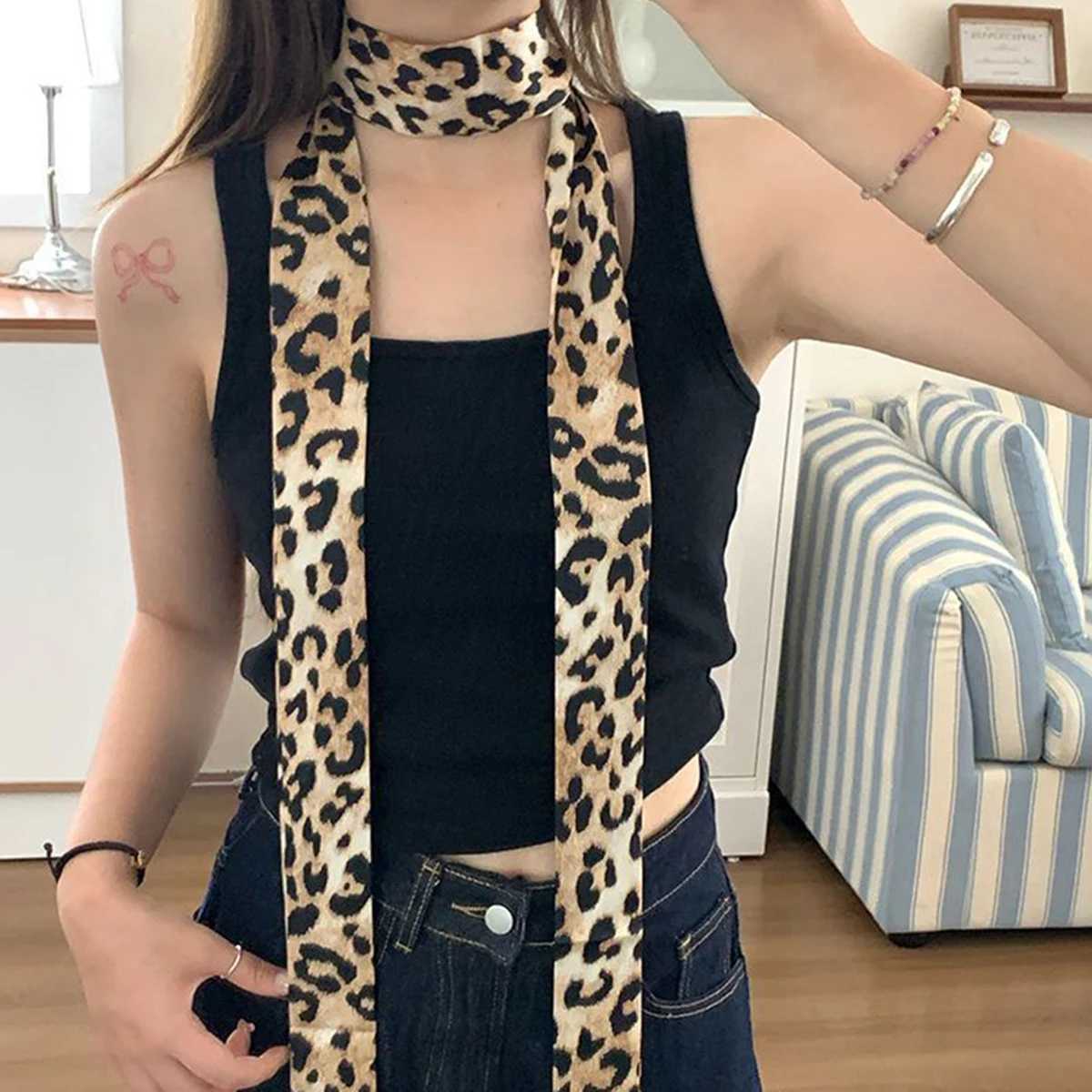 Leopard Print Scarf Silk Chiffon Suspenders Warm Windproof Irregular Y2K Scarf World Punk Nightclub Party Winter W250118