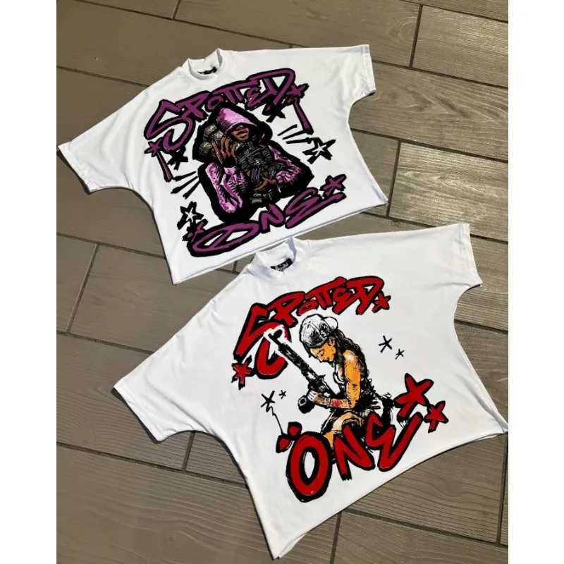 Large personalized graffiti pattern cotton wide T-shirt suitable for European and American street mens fashion trend couple clothing W250117