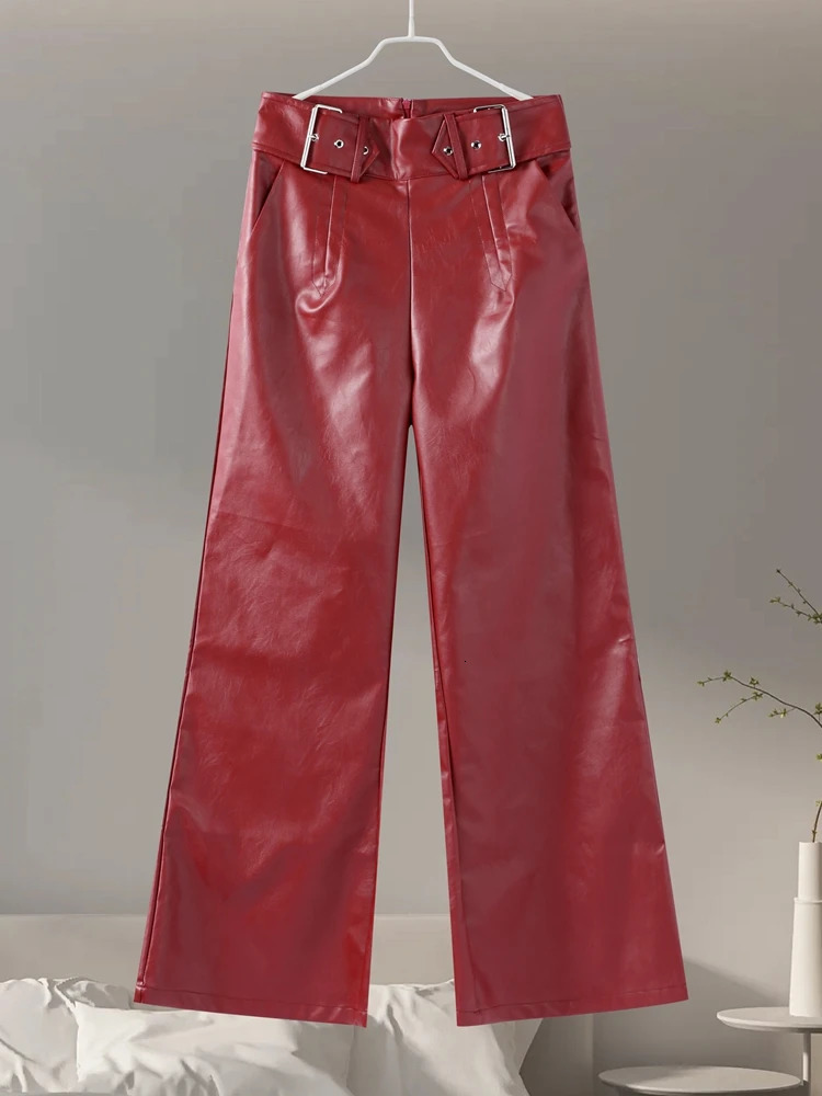Casual Loose Leather Pants Women High Waist Wide Legs Solid Pocket Flare Pant Female Autumn Fashion Belt Streetwears Lady 250117