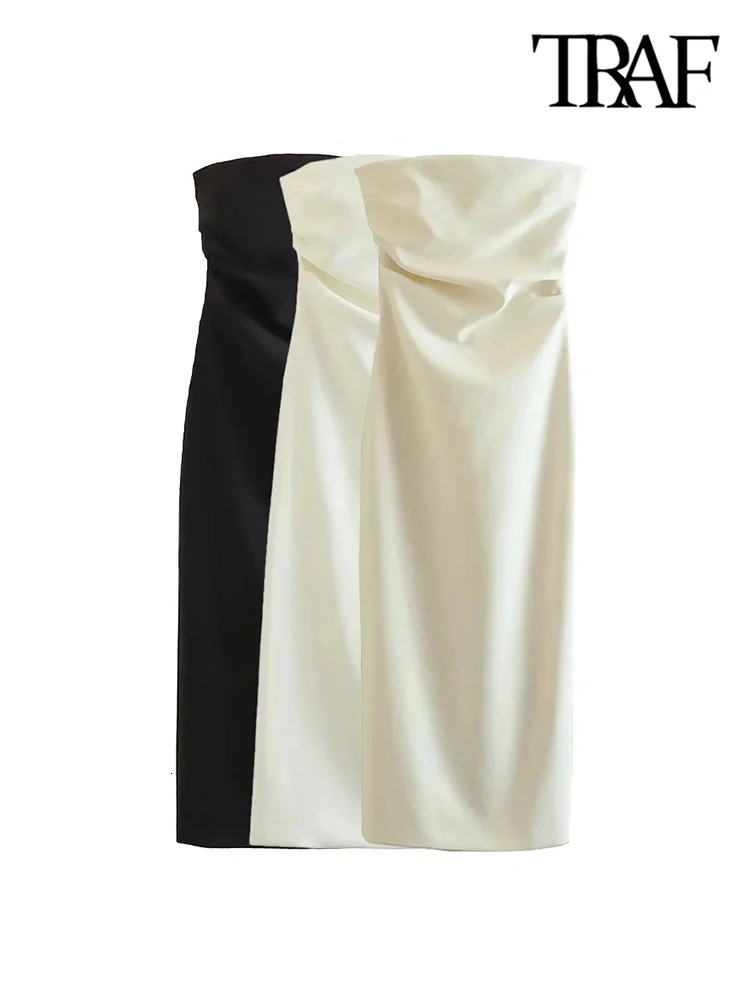 TRAF Women Fashion Strapless Gathered Midi Dress Sexy Straight Neck Back Slit Female Dresses Vestidos Mujer 250121