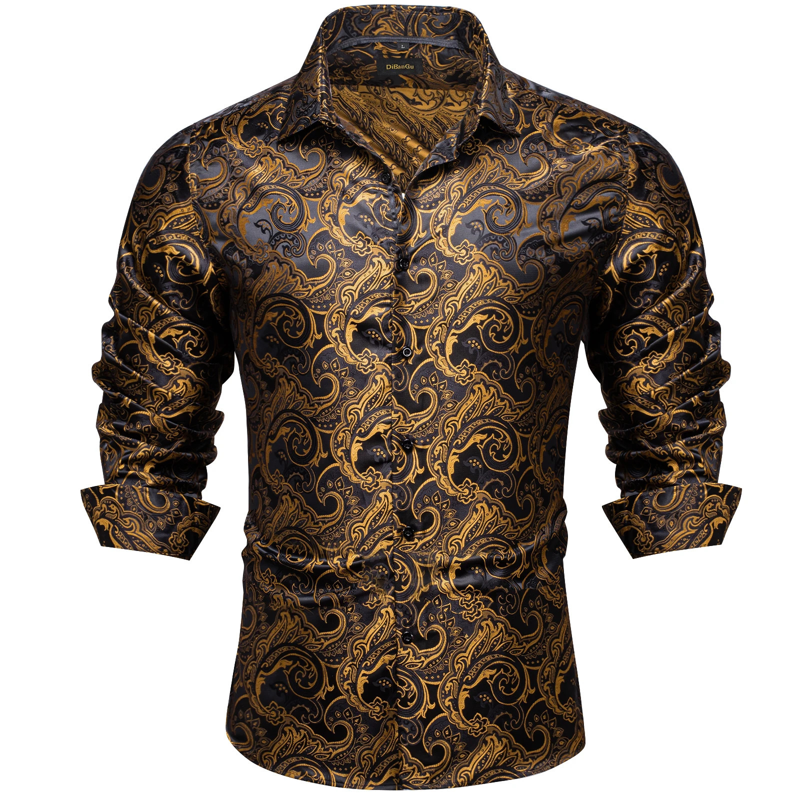 y Men Dress Shirt Formal Prom Tuxedo Long Sleeve Silk Polyester Golden Color Paisley Black Shirts Blouse Clothing 250110