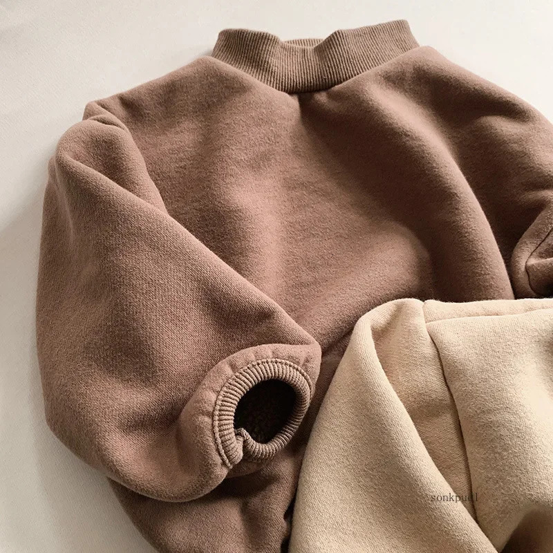 Winter Baby Fleece Sweatshirt Boys Girls Solid Warm Pullover Plus Velvet Thick Toddler Casual Versatile Tops Kids Clothes 250121
