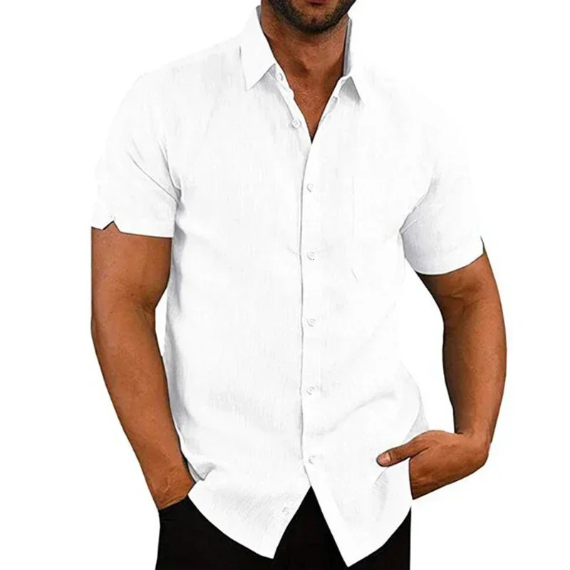 Summer Cotton Linen Shirts for Men Casual Short Sleeved Blouses Solid TurnDown Collar Formal Beach Male Clothing 250122