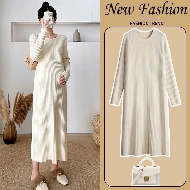 Autumn Winter Korean Fashion Knitted Maternity Sweaters Dress Elegant A Line Slim Clothes for Pregnant Women Pregnancy 250116
