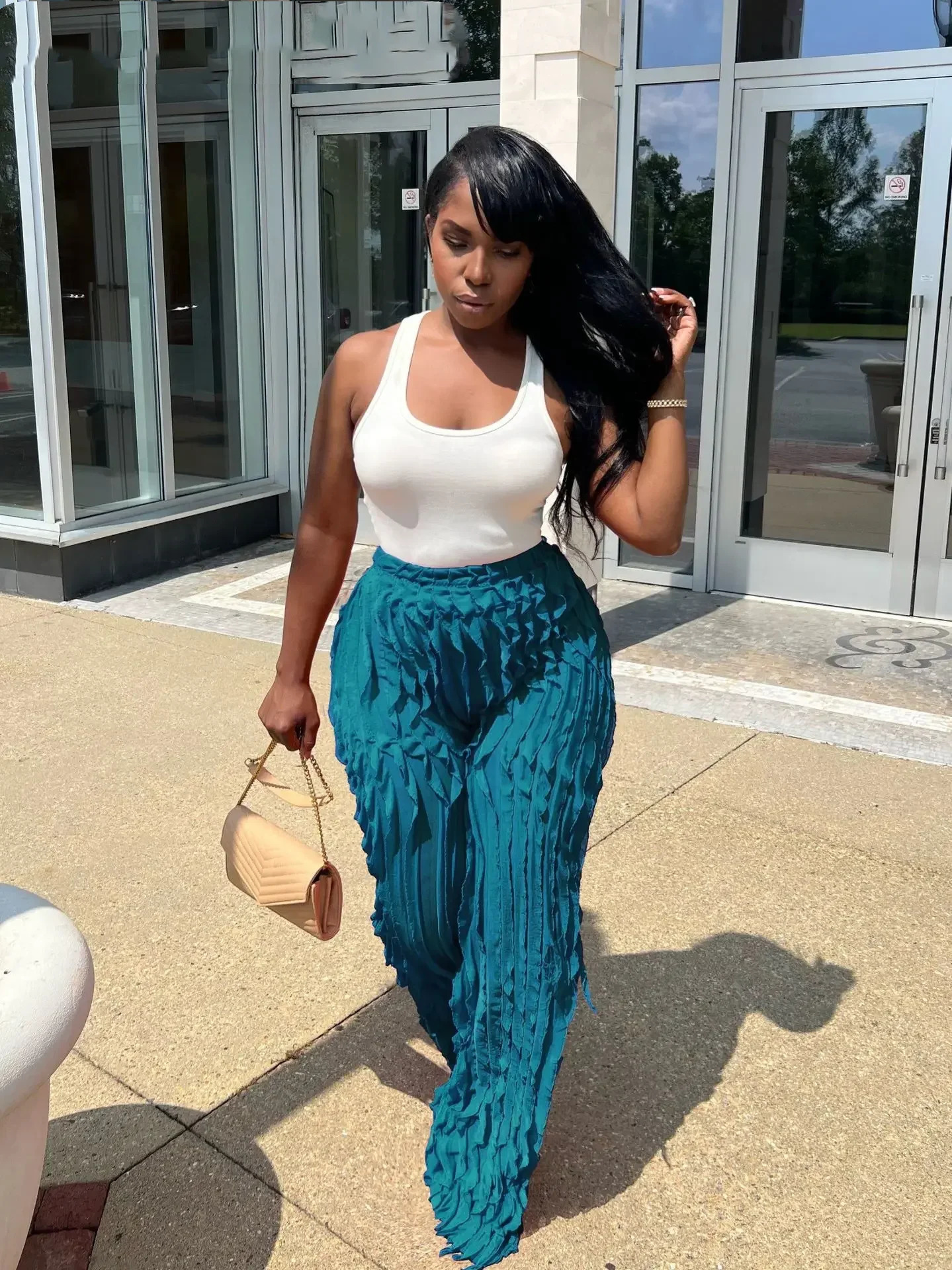 Women Wave Ruffles Wide Leg Pants Streetwear High Waist Sweatpants Trousers 250108