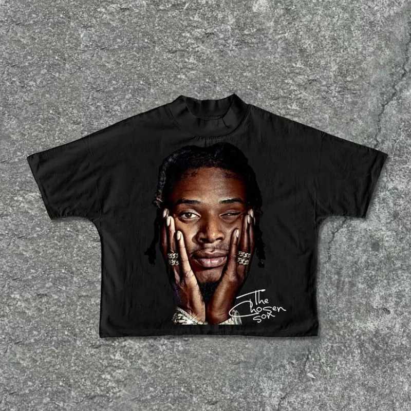 Fashion rapper graphic printing casual cut T-shirt mens Y2K summer short sleeved retro oversized T-shirt womens top W250117