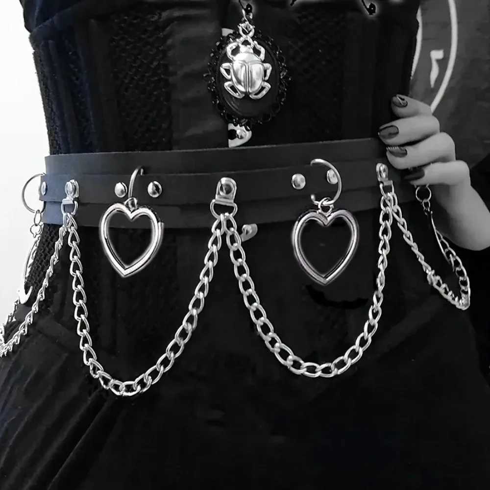 Witches vegan leather statement belt Moon Heart Circle chain belt goth rock Vintage Waistband For Women Girls W250120