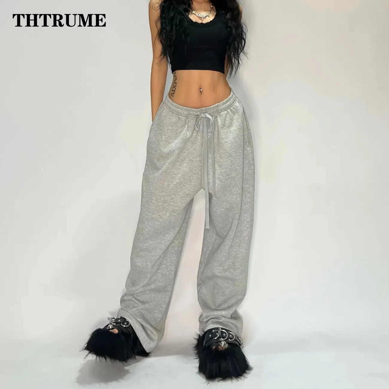 Casual Women Solid Pant Fashion Summer Oversized Vintage Pocket Drawstring Wide Leg Pants Elegant Loose Baggy Chic Trousers 250122