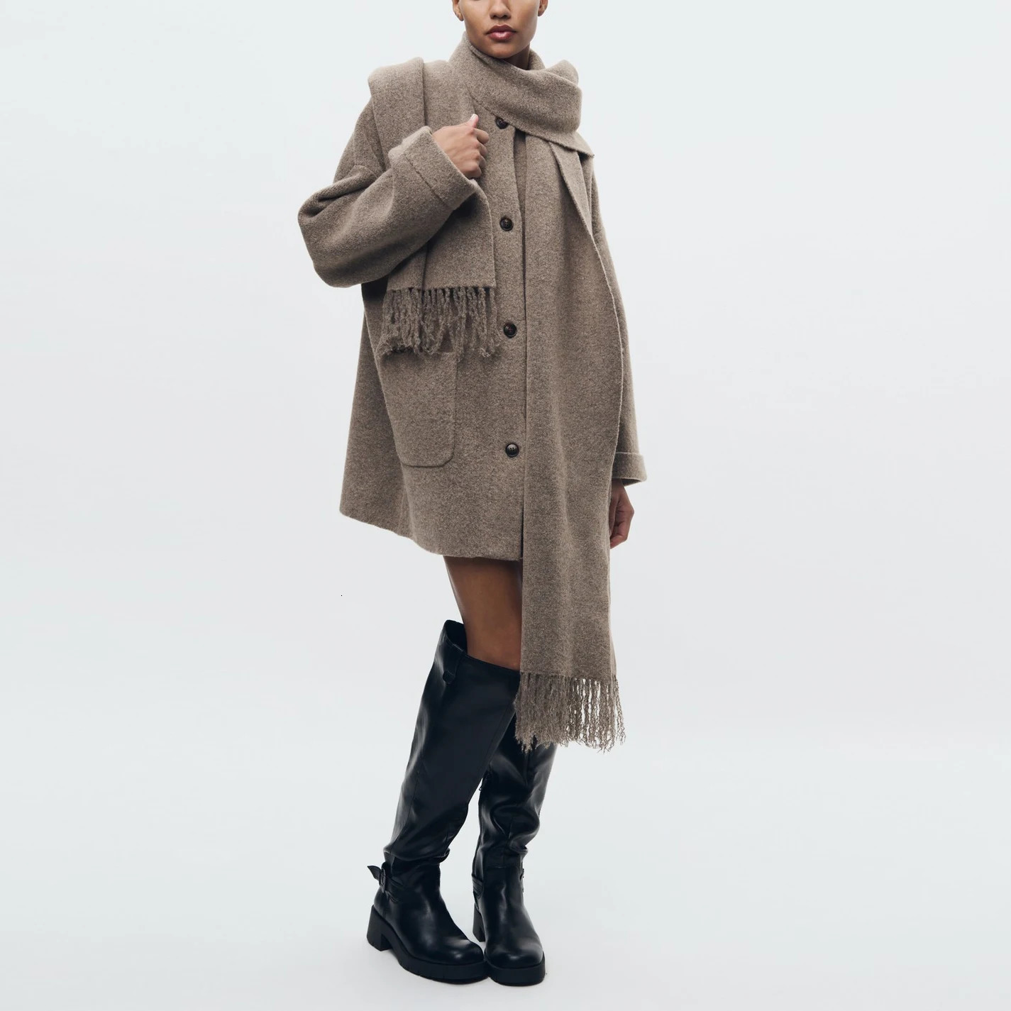 TRAF Womens Knitted Cardigan with Scarf Slim Casual Jacket Long Sleeve Patchwork Pocket Elegant Office Sweater 250109