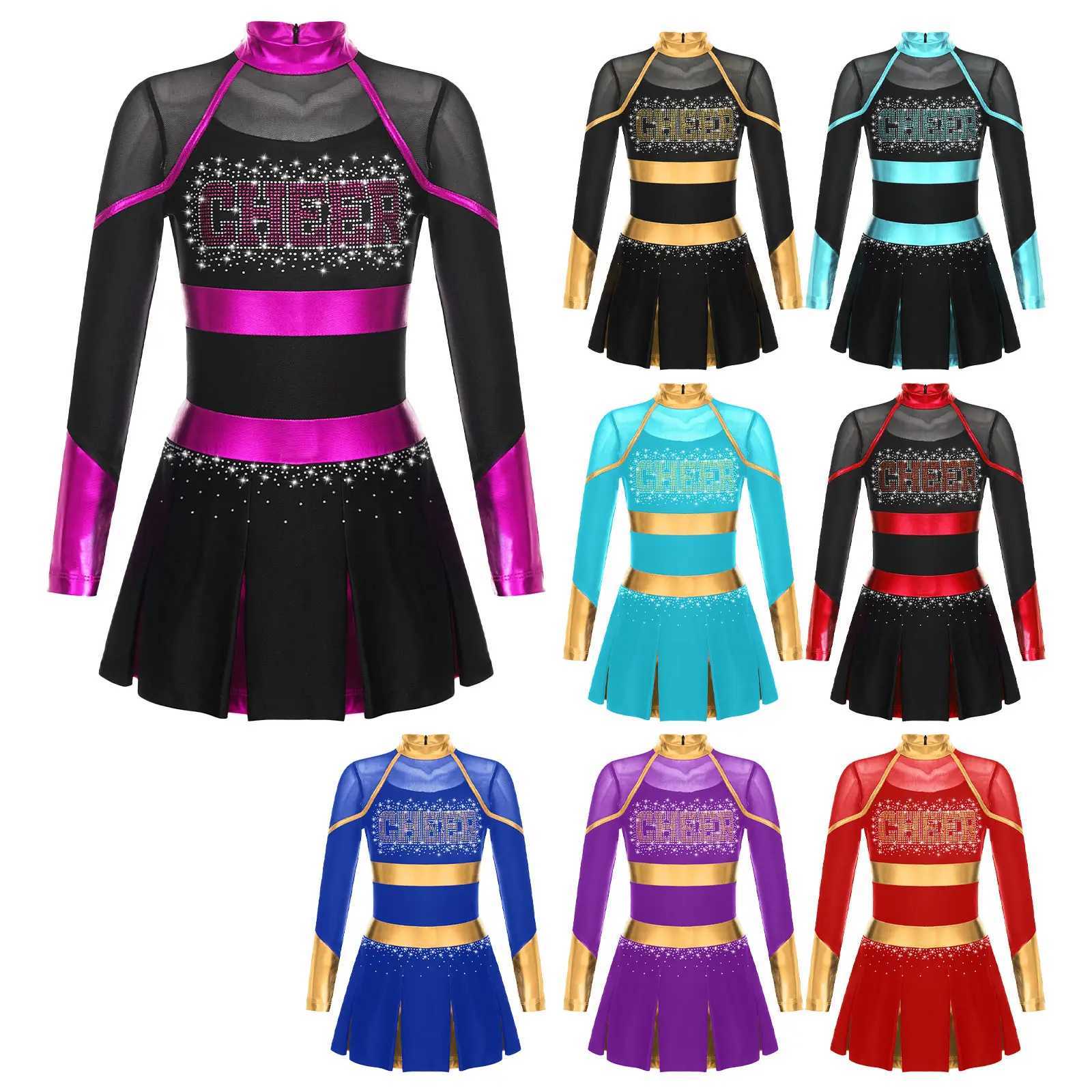Kids Girls Cheerleader Costume Outfit Rhinestone Long Sleeve Dress Musical Cheerleading Uniform Halloween Party Carnival CosplayW250121