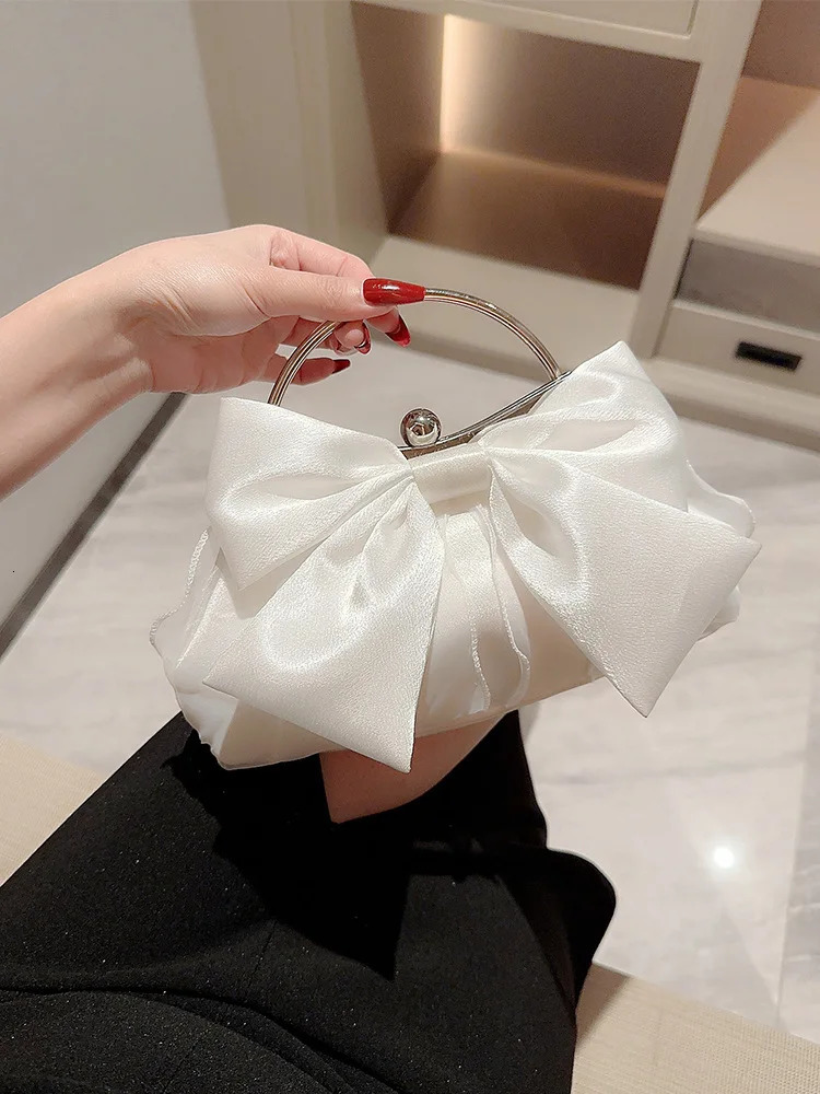 White Satin Bow Fairy Evening Bags Clutch Metal Handle Handbags For Women Wedding Party Bridal Clutches Purse Chain Shoulder Bag 250118