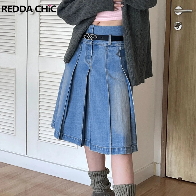 REDDACHiC Vintage Knee-length Midi Long Pleated Denim Skirt Women Acubi Fashion Grunge Y2k Streetwear Blue Jeans Bottoms Female 250118